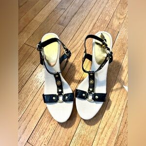 Coach Mercy Crinkle Patent Leather Wedge Sandals with a Golden Cork Wedge